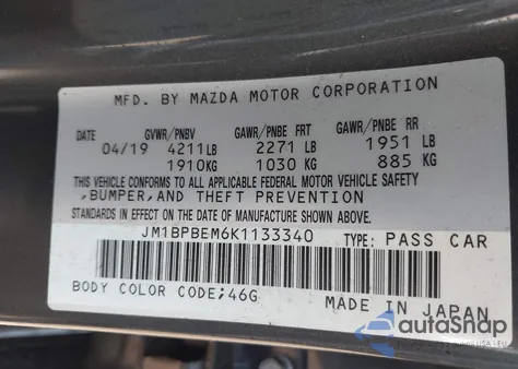 2019 Mazda Mazda3 Premium Package z USA, uszkodzony, nr VIN JM1BPBEM6K1133340